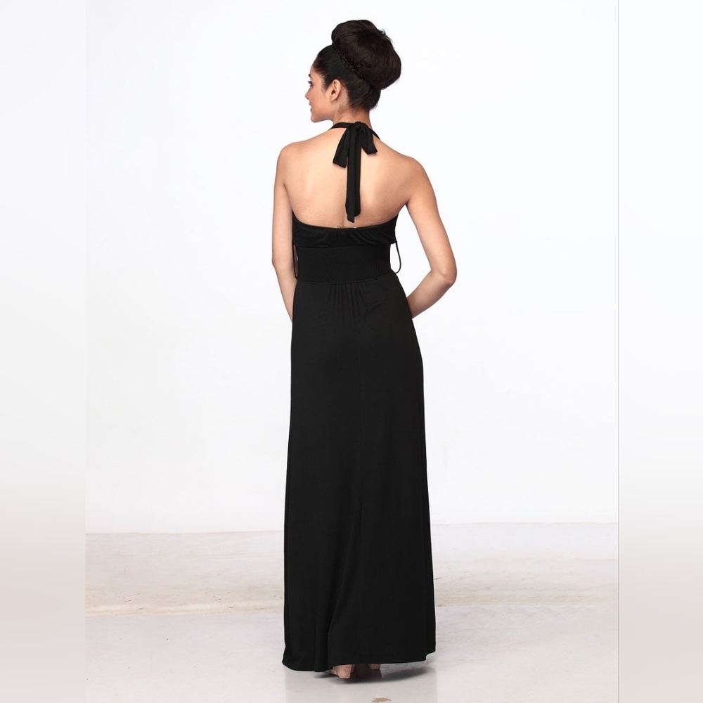 EUC Long Black SPLENDID Halter Maxi Dress S Soft Modal Backless Flowy Altered